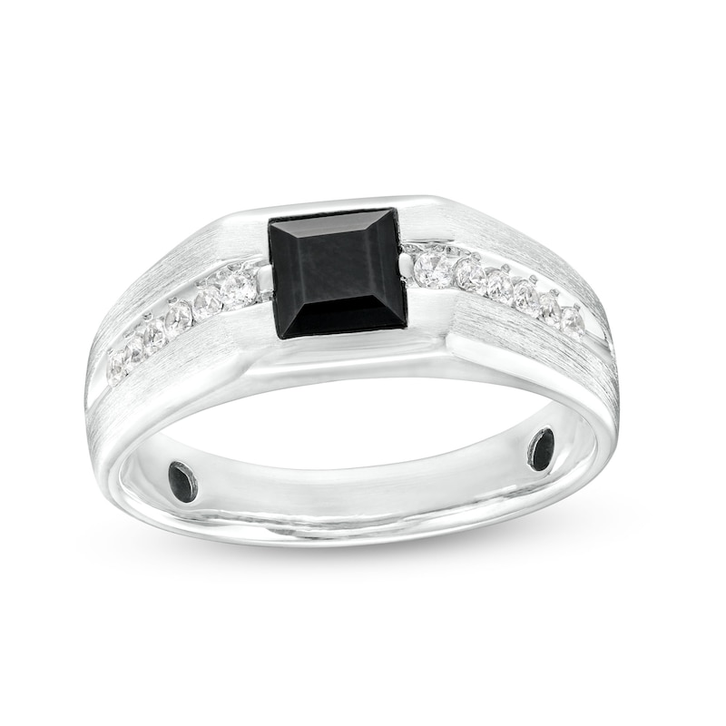 Men's 5.5mm Square-Cut Black Onyx and White Lab-Created Sapphire Band in Sterling Silver|Peoples Jewellers