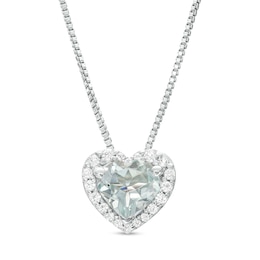 6.0mm Heart-Shaped Simulated Aquamarine and White Lab-Created Sapphire Frame Pendant in Sterling Silver