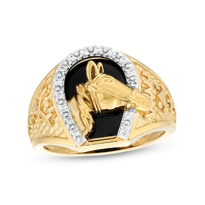 Men's Onyx and 0.12 CT. T.W. Diamond Horse Nugget Ring in 10K Gold