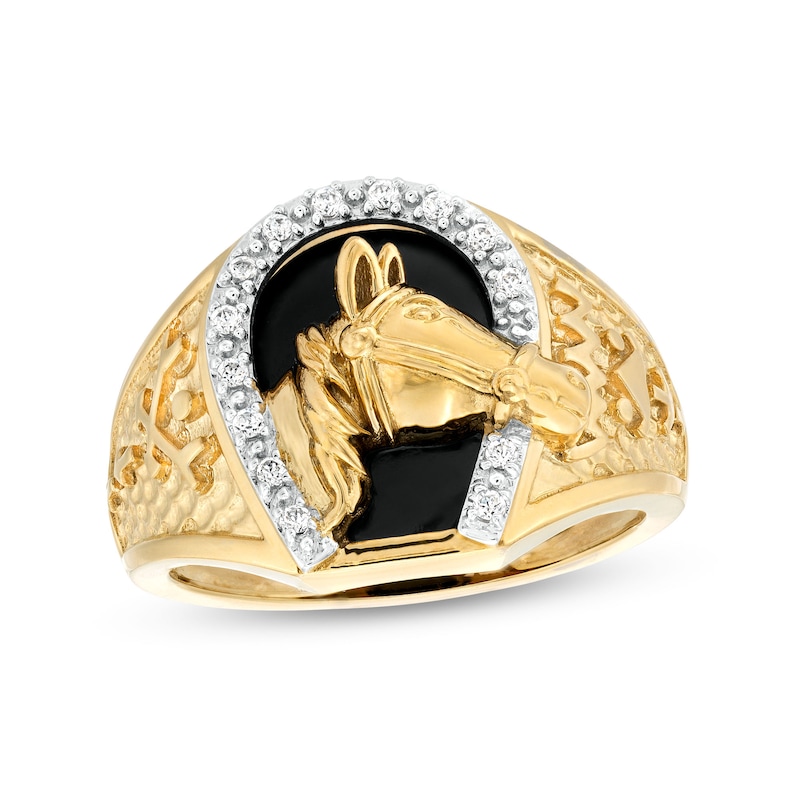 Men's Onyx and 0.12 CT. T.W. Diamond Horse Nugget Ring in 10K Gold|Peoples Jewellers