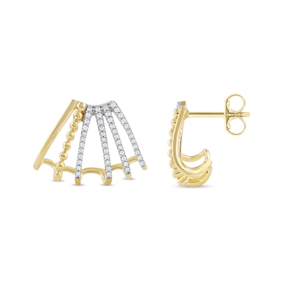 0.32 CT. T.W. Diamond Flared Multi-Row Beaded J-Hoop Earrings in Sterling Silver with 14K Gold Plate