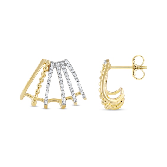 0.32 CT. T.W. Diamond Flared Multi-Row Beaded J-Hoop Earrings in Sterling Silver with 14K Gold Plate