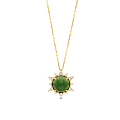 10.0mm Jade and 0.145 CT. T.W. Diamond Sunburst Frame Pendant in 14K Gold