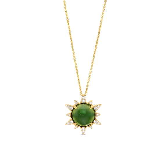 10.0mm Jade and 0.145 CT. T.W. Diamond Sunburst Frame Pendant in 14K Gold