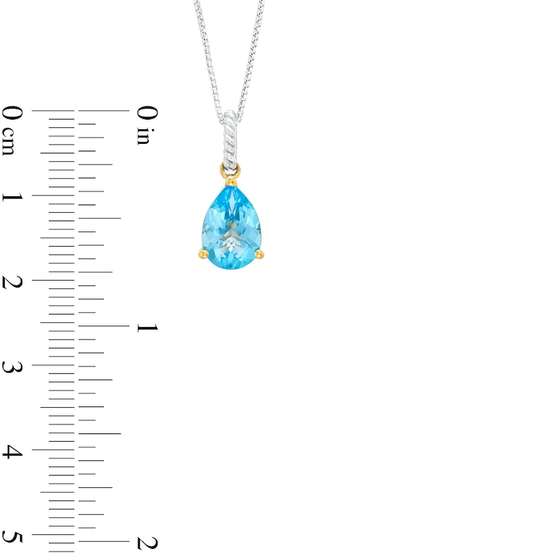 Pear-Shaped Swiss Blue Topaz Solitaire with Rope-Textured Bail Pendant in Sterling Silver and 10K Gold