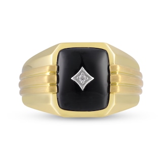 Men's Elongated Cushion-Cut Black Onyx and Diamond Accent Triple Row Ribbed Shank Ring in 10K Gold