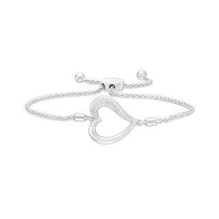 Diamond Accent Sideways Heart Outline Bolo Bracelet in Sterling Silver - 9.5"