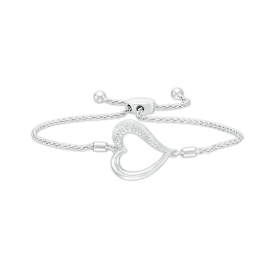 Diamond Accent Sideways Heart Outline Bolo Bracelet in Sterling Silver - 9.5"