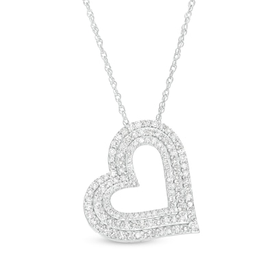 1.00 CT. T.W. Diamond Tilted Triple Row Layered Heart Outline Pendant in Sterling Silver