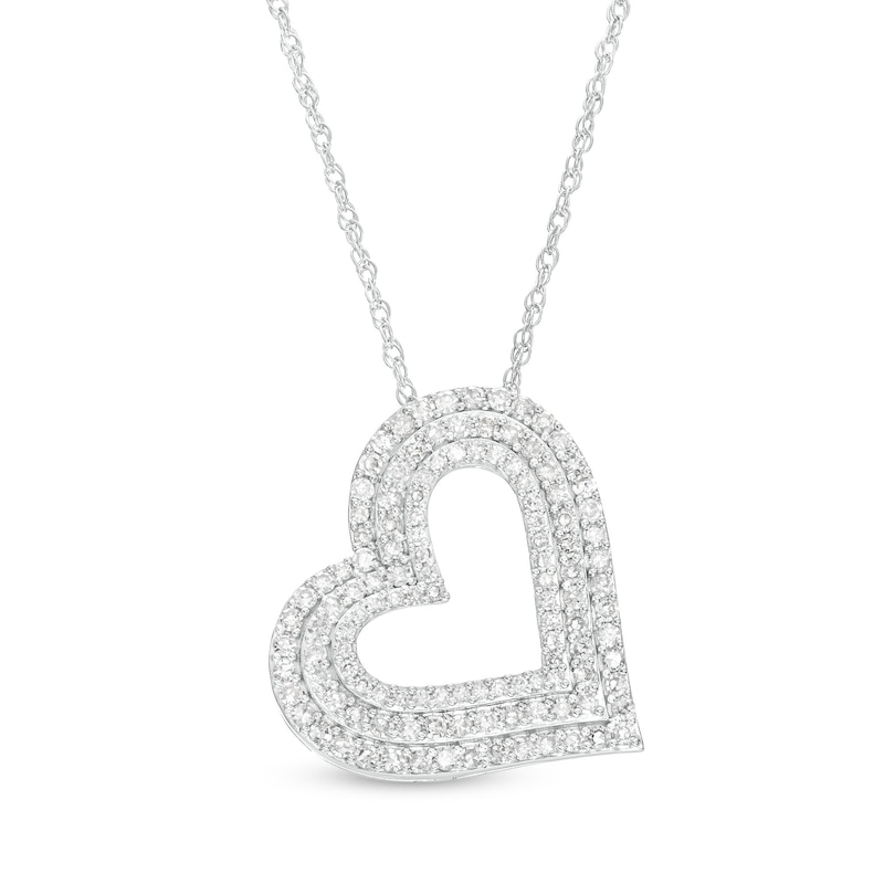 1.00 CT. T.W. Diamond Tilted Triple Row Layered Heart Outline Pendant in Sterling Silver|Peoples Jewellers