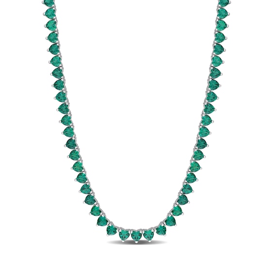 4.0mm Heart-Shaped Lab-Created Emerald Tennis Necklace in Sterling Silver