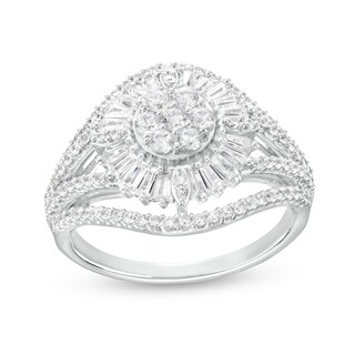 1.00 CT. T.W. Baguette and Round Diamond Petal Frame Multi-Row Border Split Shank Sunflower Ring in 10K White Gold