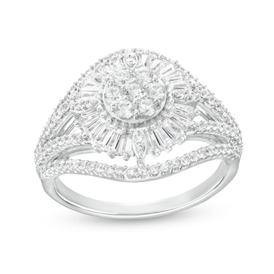 1.00 CT. T.W. Baguette and Round Diamond Petal Frame Multi-Row Border Split Shank Sunflower Ring in 10K White Gold