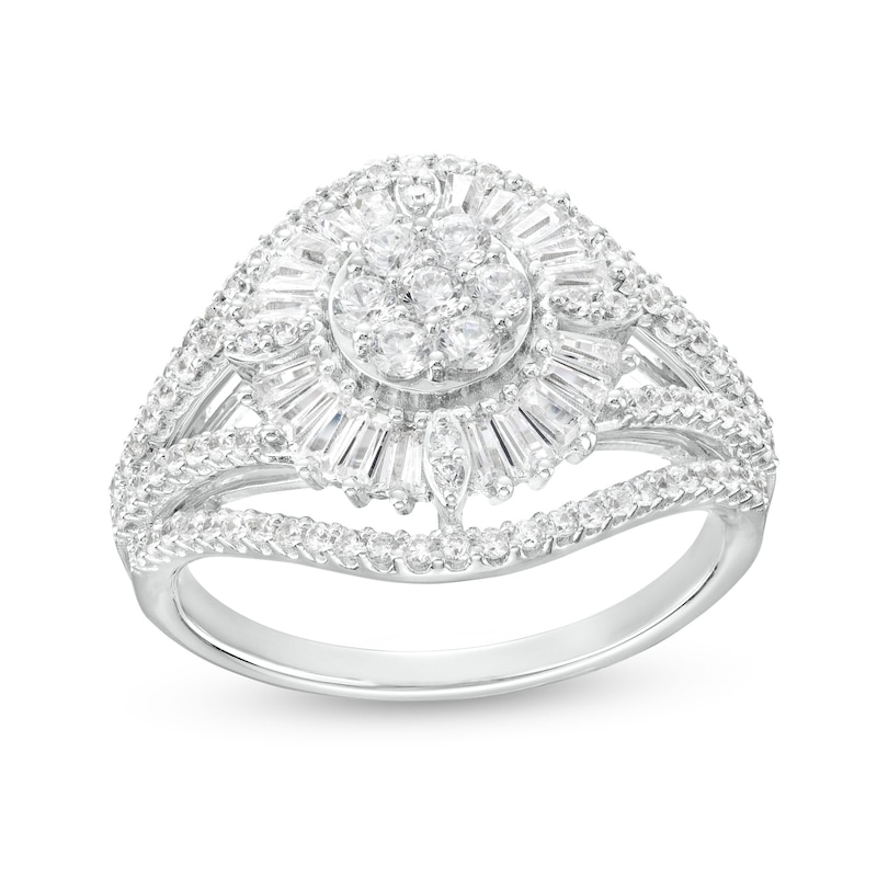 1.00 CT. T.W. Baguette and Round Diamond Petal Frame Multi-Row Border Split Shank Sunflower Ring in 10K White Gold|Peoples Jewellers