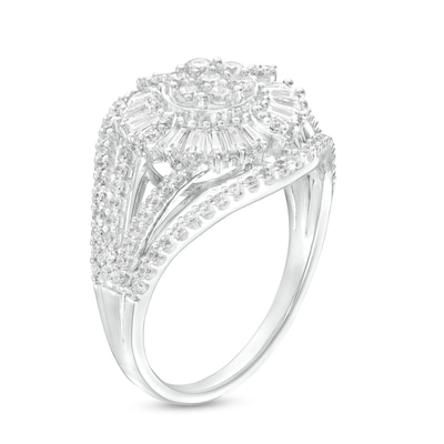 1.00 CT. T.W. Baguette and Round Diamond Petal Frame Multi-Row Border Split Shank Sunflower Ring in 10K White Gold