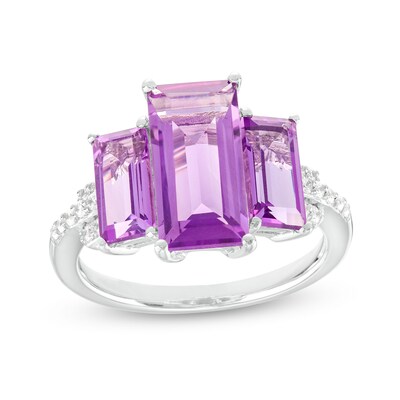 Baguette Amethyst and 0.115 CT. T.W. Diamond Three Stone Ring in 10K White Gold