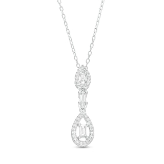 0.25 CT. T.W. Baguette and Round Diamond Open Teardrop Frame Double Drop Pendant in 10K White Gold