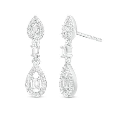 0.25 CT. T.W. Baguette and Round Diamond Open Teardrop Frame Double Drop Earrings in 10K White Gold