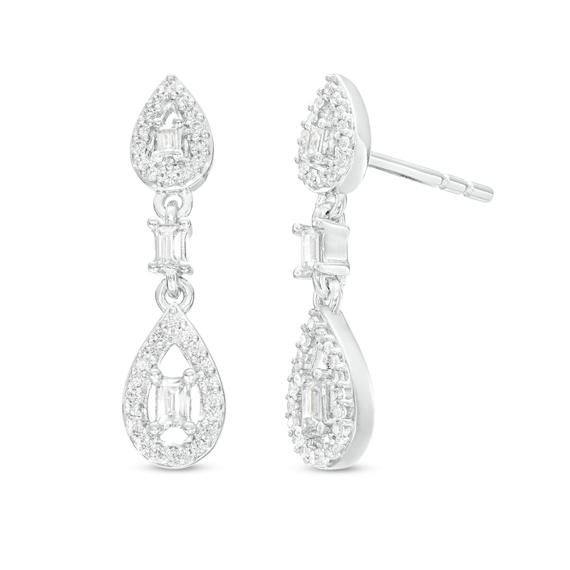0.25 CT. T.W. Baguette and Round Diamond Open Teardrop Frame Double Drop Earrings in 10K White Gold|Peoples Jewellers
