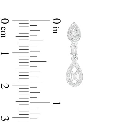 0.25 CT. T.W. Baguette and Round Diamond Open Teardrop Frame Double Drop Earrings in 10K White Gold