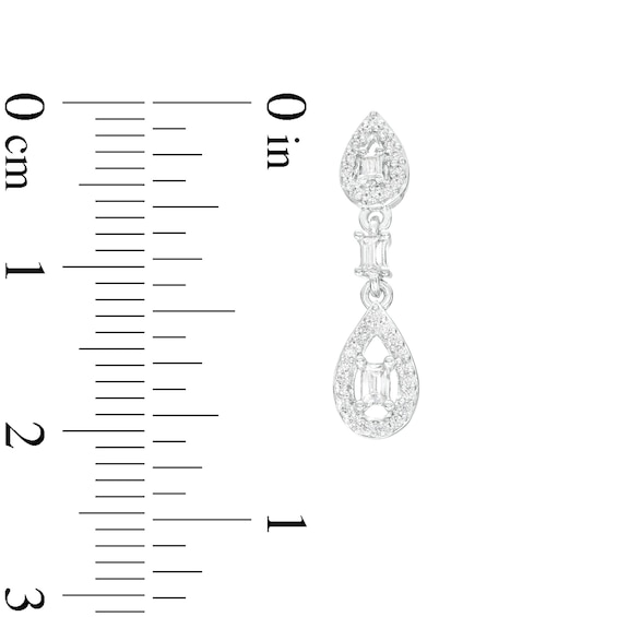 0.25 CT. T.W. Baguette and Round Diamond Open Teardrop Frame Double Drop Earrings in 10K White Gold