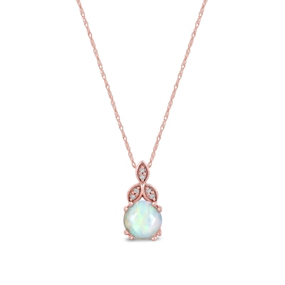 6.0mm Opal and Diamond Accent Leaf-Top Trio Pendant in 10K Rose Gold