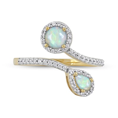 Pear-Shaped and Round Opal with 0.23 CT. T.W. Diamond Frame Toi et Moi Bypass Wrap Ring in 10K Gold