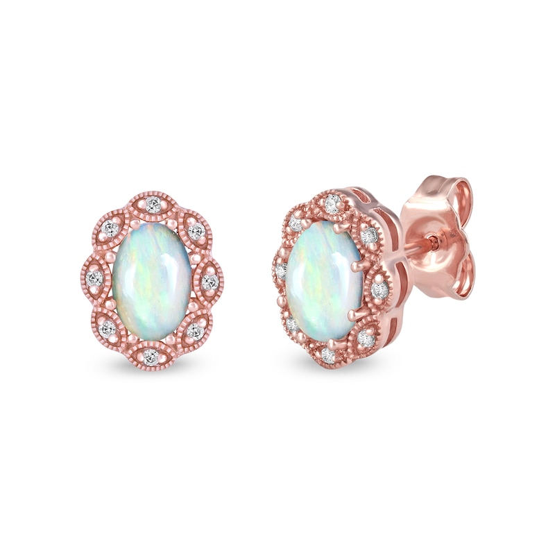 Oval Opal and 0.04 CT. T.W. Diamond Scallop Frame Art Deco Stud Earrings in 10K Rose Gold|Peoples Jewellers