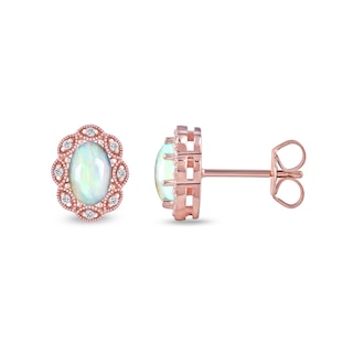 Oval Opal and 0.04 CT. T.W. Diamond Scallop Frame Art Deco Stud Earrings in 10K Rose Gold