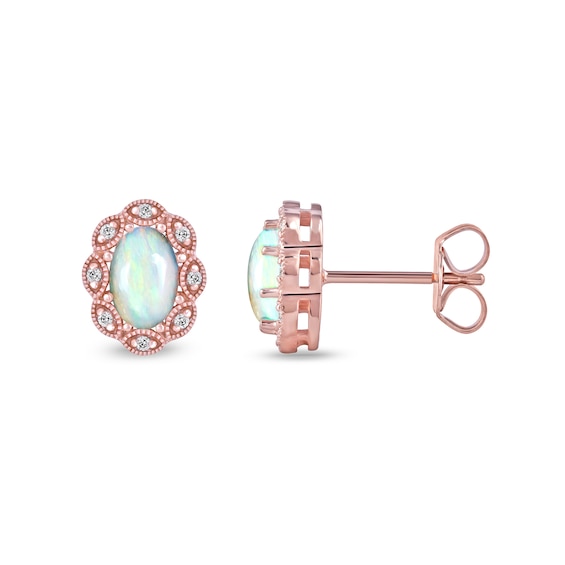 Oval Opal and 0.04 CT. T.W. Diamond Scallop Frame Art Deco Stud Earrings in 10K Rose Gold