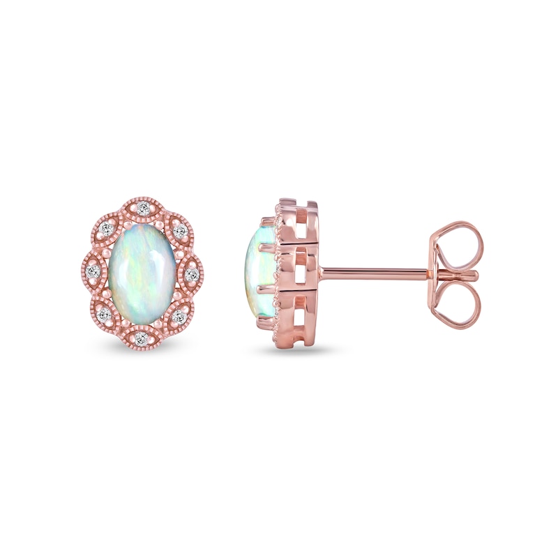 Oval Opal and 0.04 CT. T.W. Diamond Scallop Frame Art Deco Stud Earrings in 10K Rose Gold|Peoples Jewellers