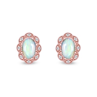 Oval Opal and 0.04 CT. T.W. Diamond Scallop Frame Art Deco Stud Earrings in 10K Rose Gold