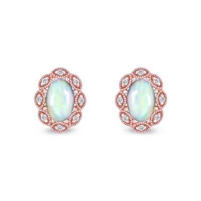 Oval Opal and 0.04 CT. T.W. Diamond Scallop Frame Art Deco Stud Earrings in 10K Rose Gold