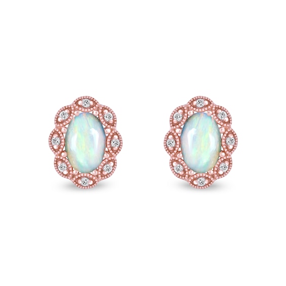 Oval Opal and 0.04 CT. T.W. Diamond Scallop Frame Art Deco Stud Earrings in 10K Rose Gold