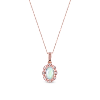 Oval Opal and Diamond Accent Scallop Frame Art Deco Pendant in 10K Rose Gold