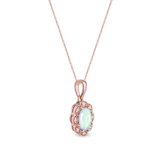 Oval Opal and Diamond Accent Scallop Frame Art Deco Pendant in 10K Rose Gold