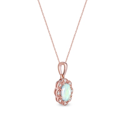 Oval Opal and Diamond Accent Scallop Frame Art Deco Pendant in 10K Rose Gold