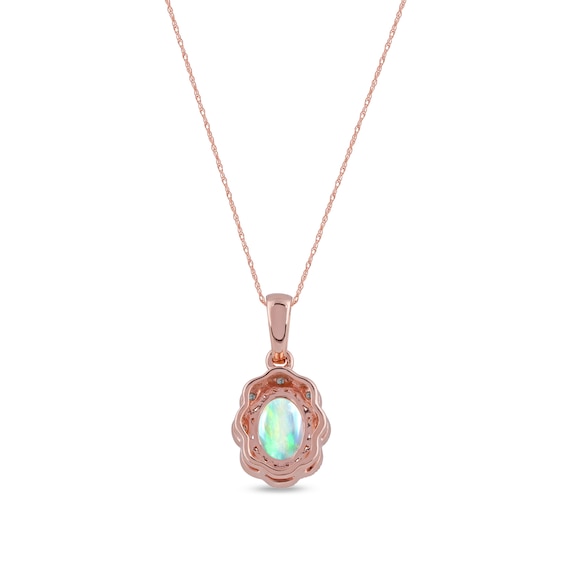 Oval Opal and Diamond Accent Scallop Frame Art Deco Pendant in 10K Rose Gold