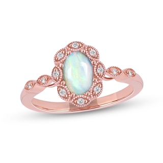 Oval Opal and 0.04 CT. T.W. Diamond Scallop Frame Art Deco Ring in 10K Rose Gold