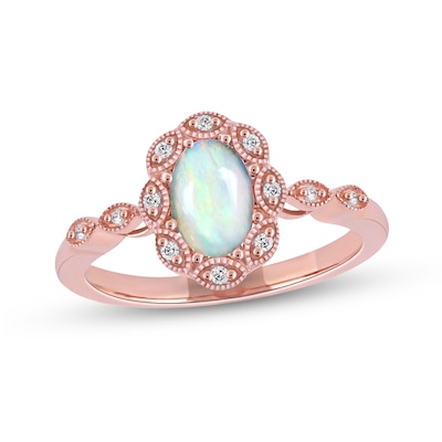 Oval Opal and 0.04 CT. T.W. Diamond Scallop Frame Art Deco Ring in 10K Rose Gold