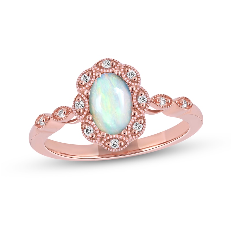 Oval Opal and 0.04 CT. T.W. Diamond Scallop Frame Art Deco Ring in 10K Rose Gold|Peoples Jewellers