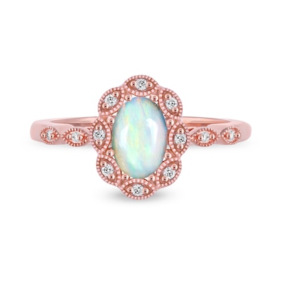 Oval Opal and 0.04 CT. T.W. Diamond Scallop Frame Art Deco Ring in 10K Rose Gold