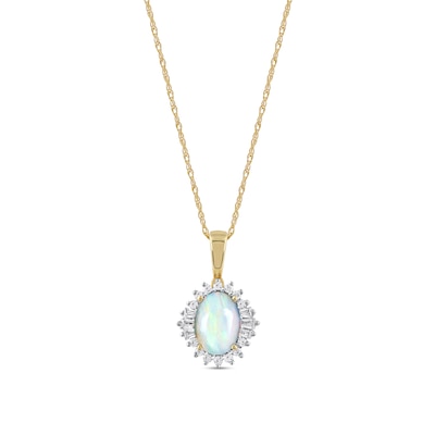 Oval Opal and 0.115 CT. T.W. Baguette and Round Diamond Starburst Frame Pendant in 10K Gold