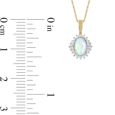 Oval Opal and 0.115 CT. T.W. Baguette and Round Diamond Starburst Frame Pendant in 10K Gold