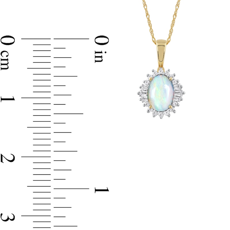 Oval Opal and 0.115 CT. T.W. Baguette and Round Diamond Starburst Frame Pendant in 10K Gold