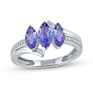 Marquise Tanzanite and 0.04 CT. T.W. Diamond Three Stone Bypass Ring in 10K White Gold