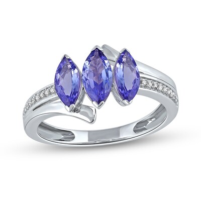 Marquise Tanzanite and 0.04 CT. T.W. Diamond Three Stone Bypass Ring in 10K White Gold