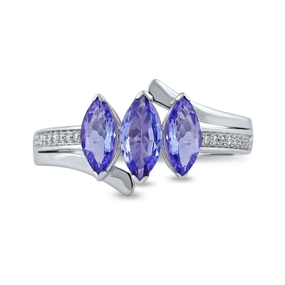 Marquise Tanzanite and 0.04 CT. T.W. Diamond Three Stone Bypass Ring in 10K White Gold