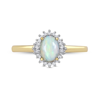 Oval Opal and 0.115 CT. T.W. Baguette and Round Diamond Starburst Frame Ring in 10K Gold