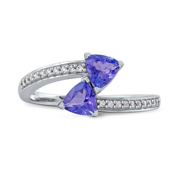 5.0mm Trillion-Cut Tanzanite and 0.086 CT. T.W. Diamond Toi et Moi Bypass Wrap Ring in 10K White Gold